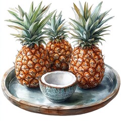 Three ripe pineapples arranged on a decorative plate, showcasing vibrant colors and textures in a kitchen setting