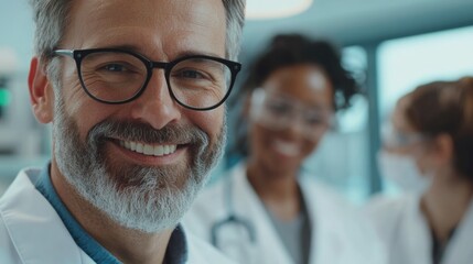 Diverse medical team collaborating in a laboratory setting with smiling doctors in white coats and space for text in a healthcare environment