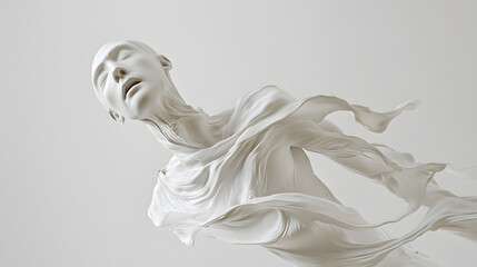 Ethereal figure floating gracefully draped in flowing white fabric in an abstract space representing freedom and transcendence