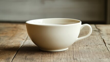 Fototapeta premium Closeup of a white ceramic coffee cup on a wooden table with milk foam and empty space for creative text or branding solution