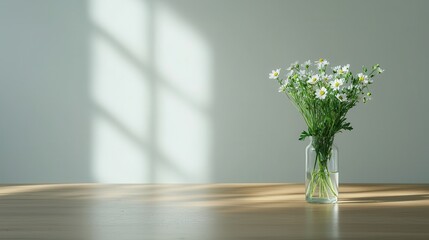 Bright Floral Arrangement in Clear Glass Vase on Wooden Table with Soft Shadows