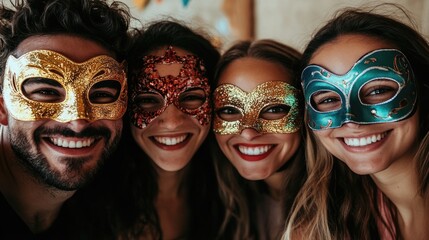 Obraz premium Happy group of friends wearing colorful Venetian masks enjoying a festive celebration with space for your custom text or message