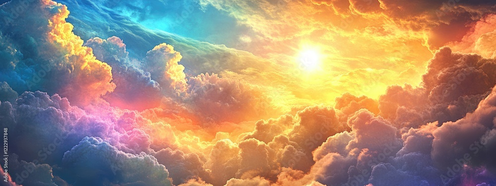 Poster vibrant sunset clouds illuminated by sunlight creating a stunning atmospheric scene with ample space