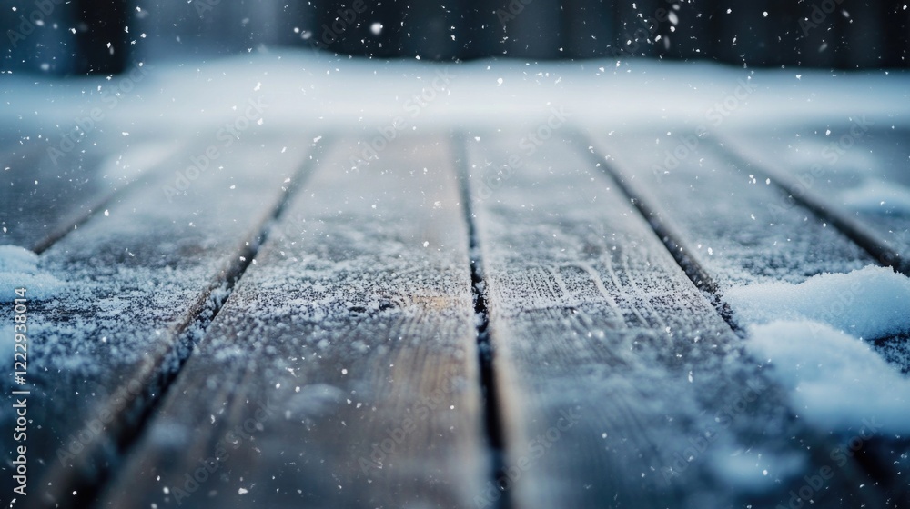 Poster closeup of a frozen wooden surface blanketed in snow with falling snowflakes and ample empty space f