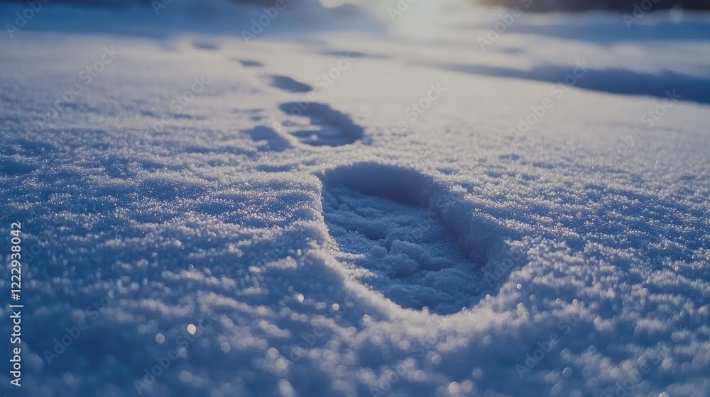 Poster footprints in freshly fallen snow creating a serene winter scene with ample space for text or brandi
