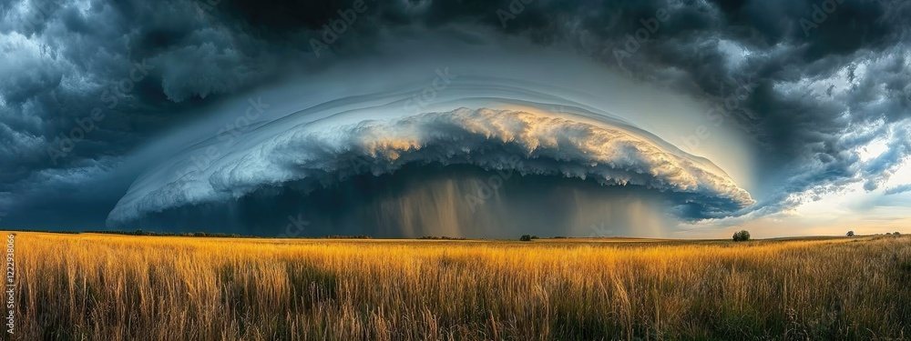 Poster dramatic thunderstorm over golden field with dark clouds and rainfall creating a stunning meteorolog