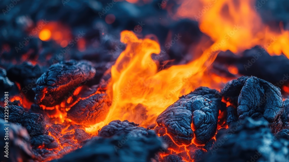 Poster molten lava flowing dynamically over textured rocks with vibrant colors and ample negative space for