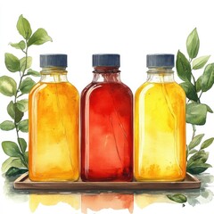 Three vibrant bottles of juice arranged on a wooden tray surrounded by green leaves, showcasing freshness