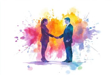 Fototapeta premium A vibrant watercolor illustration of a man and woman shaking hands, surrounded by colorful splashes, symbolizing connection and collaboration.