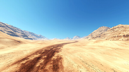 Naklejka premium desert road stretching into horizon under clear blue sky, surrounded by sandy terrain and distant mountains, evokes sense of adventure and solitude