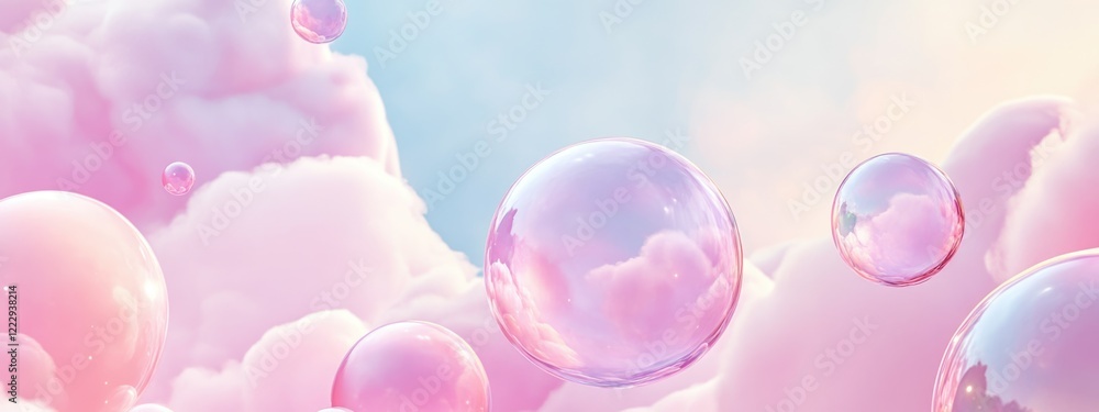Poster soft pastel clouds and spheres create a serene dreamy background with ample copy space for text idea