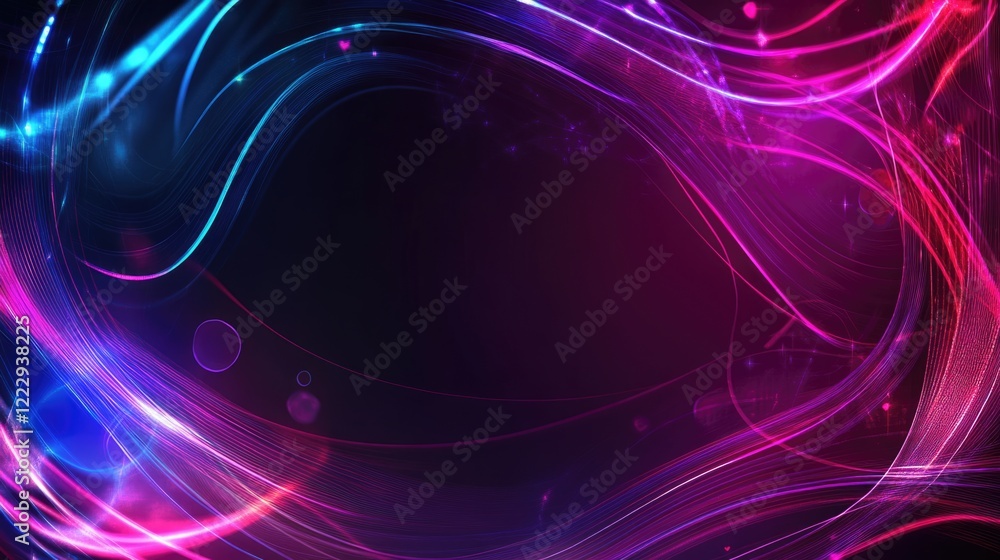 Poster abstract glowing neon lines in cyberpunk style on a digital canvas with dark background and ample sp