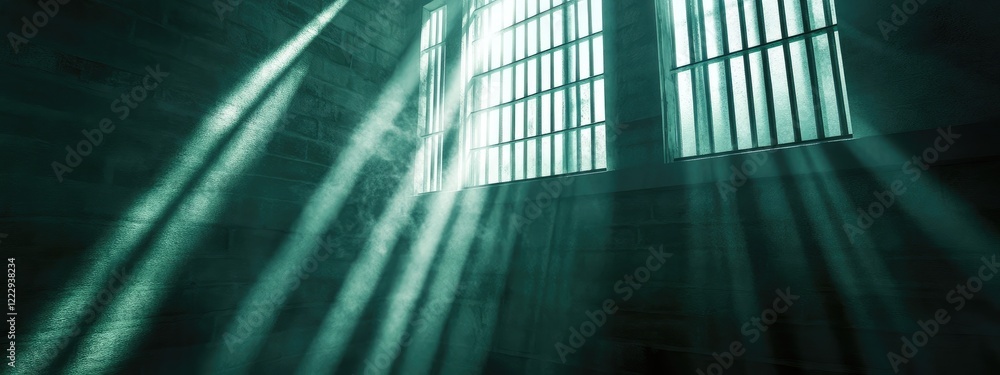 Poster dramatic light streaming through prison bars creating a melancholic atmosphere with empty space for 