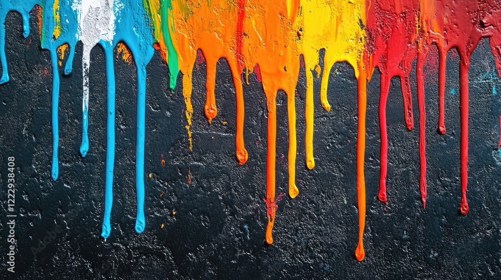Poster dripping paint on an aged textured wall with vibrant colors creating a striking visual and ample spa