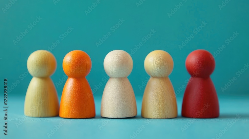 Poster diverse wooden figurines representing inclusion and teamwork in the workplace on a bright background