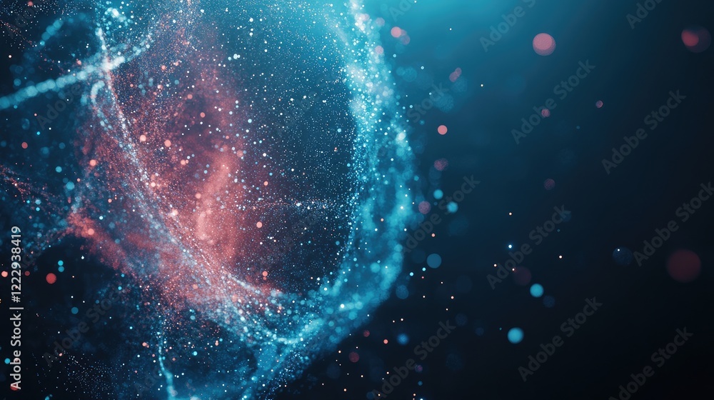 Fototapete dynamic particles surrounding an atom with a blurred background and ample negative space for text or