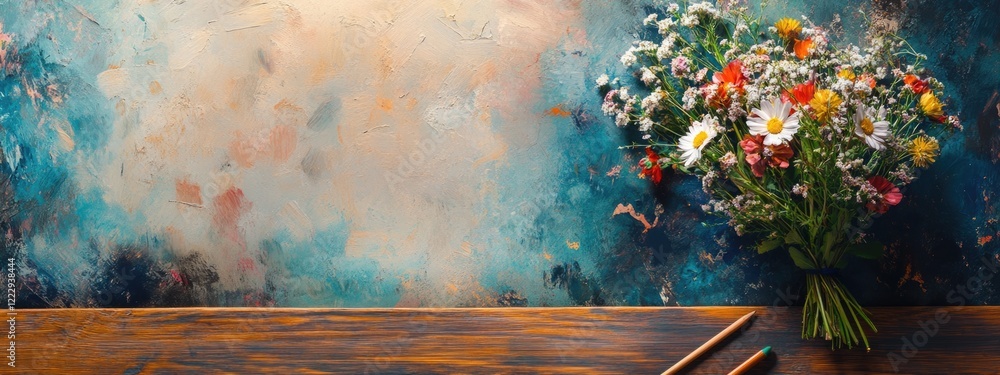 Poster drafting table adorned with a vibrant bouquet of wildflowers against a textured backdrop featuring a