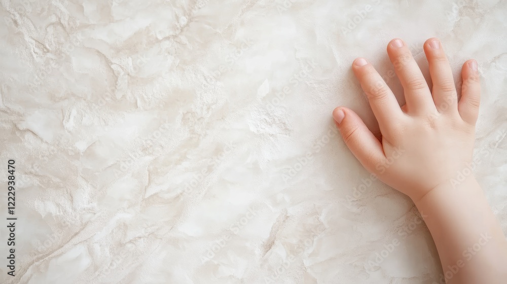 Poster detailed white marble texture with a child's hand inviting creativity and personalization in design 