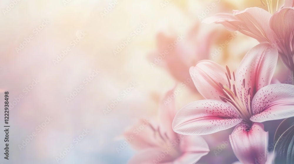 Poster close up of delicate pink lilies in a bright garden with soft focus background and ample space for t