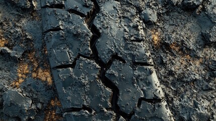 Fototapeta premium Close-Up of Weathered Vehicle Tire Tread on Muddy Ground with Blank Space for Custom Text Overlay