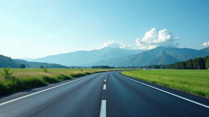 Naklejka premium Asphalt Pathway Winding Through Lush Green Meadows Towards Majestic Mountains Under a Summer Sky