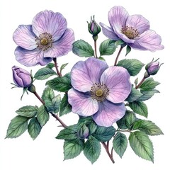 Delicate watercolor illustration of blooming purple flowers with buds and green leaves, ideal for nature-themed designs