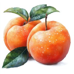 Two ripe, vibrant peaches with green leaves, set against a soft background, evoking freshness and summer