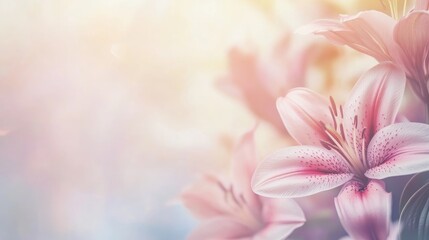 Fototapeta premium Close up of delicate pink lilies in a bright garden with soft focus background and ample space for text or overlay design elements