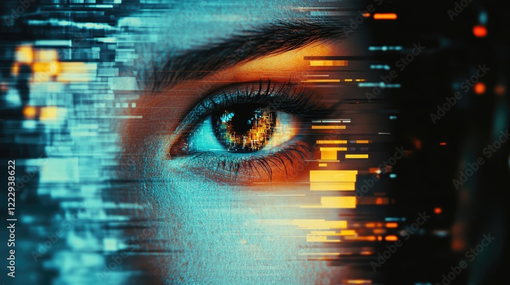 Poster digital glitch effect abstract background featuring a human eye with copy space for text design and 