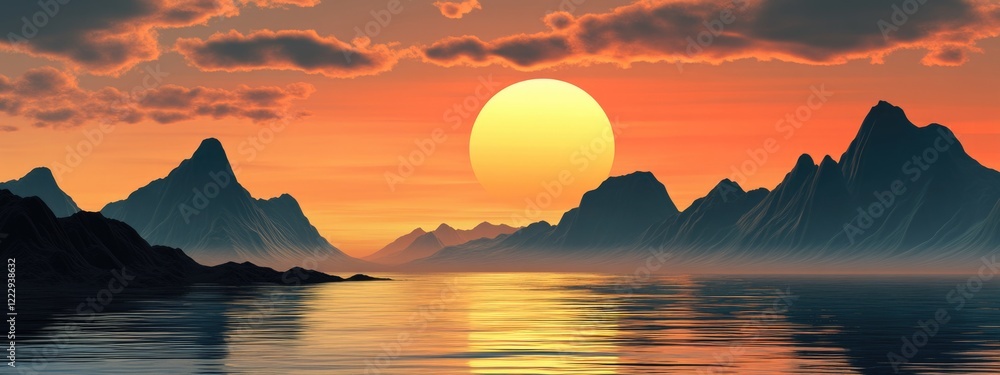 Poster tranquil coastal mountains at sunset with vibrant colors and serene waters creating an ideal backdro