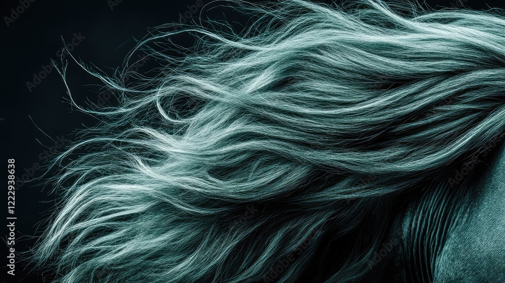 Poster close up of dark green wavy horse mane on black background with ample space for adding text or brand