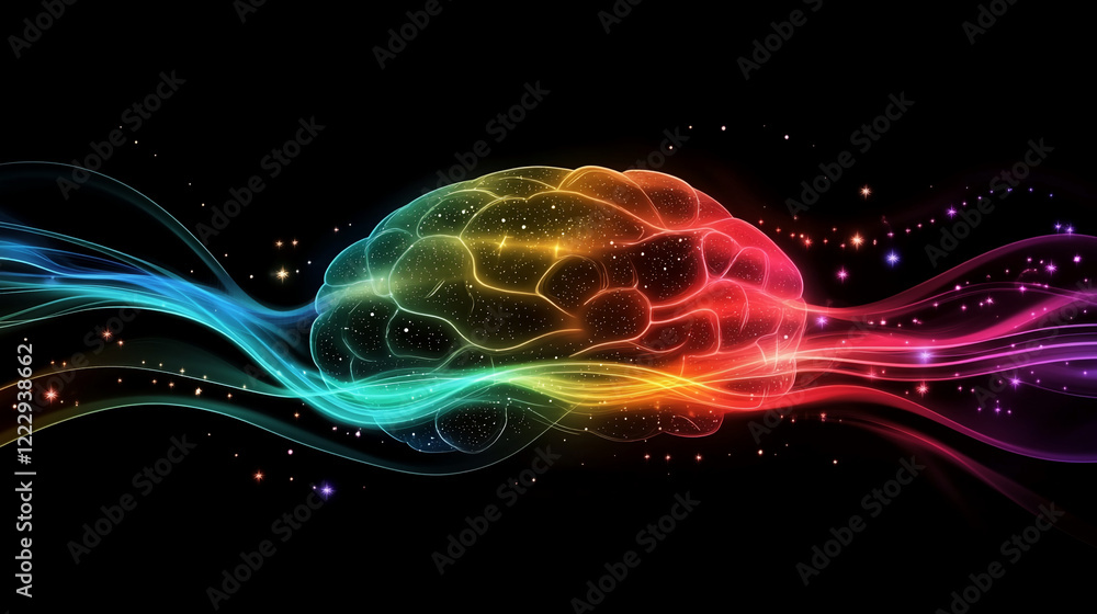 Poster abstract colorful brain with glowing energy and cosmic elements on black background
