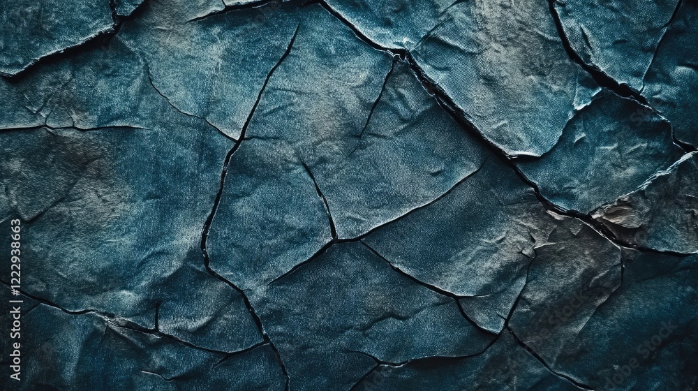 Poster detailed close-up of textured cracked denim fabric showcasing deep crevices ideal for overlaying cus