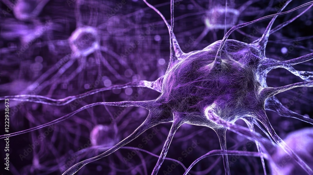 Poster neural network visualization in deep purple high-tech background with ample space for text and graph