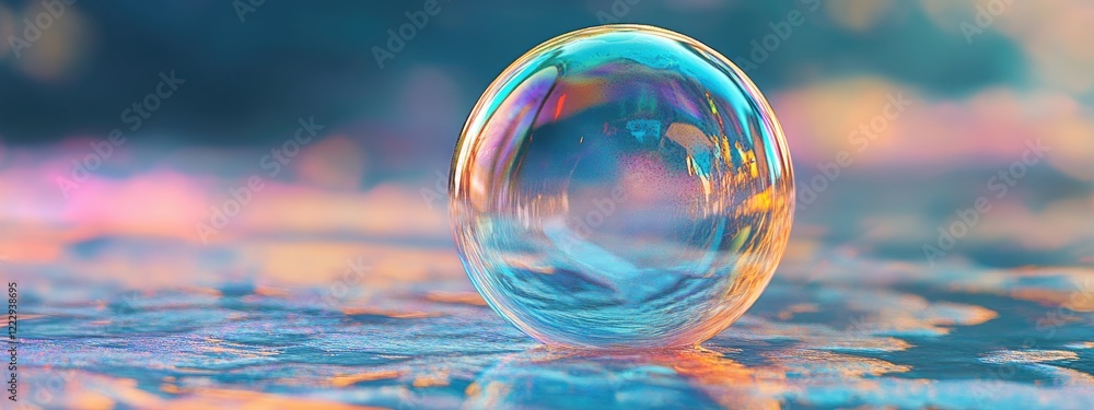 Poster iridescent soap bubble on reflective surface with soft focus background and blank space for text or 
