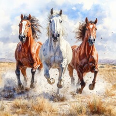 Three horses galloping through a sunlit field, kicking up dust, with mountains in the background