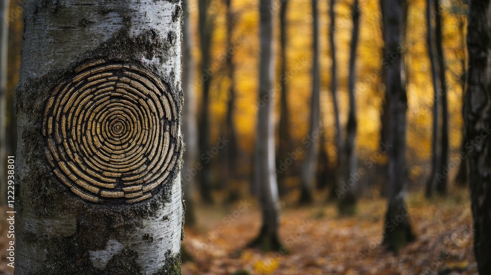 Poster close up of intricate concentric circles on a tree trunk in a serene forest setting with ample space