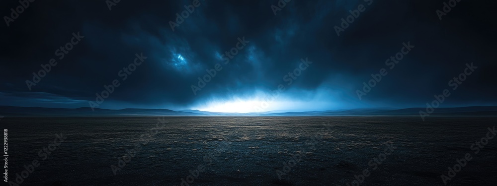Poster dramatic night sky illumination over dark plains with expansive empty space for text or design eleme