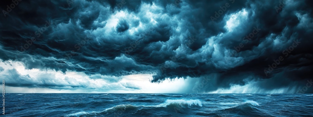 Poster dramatic stormy ocean under dark clouds with expansive empty space for customizable text and visuals