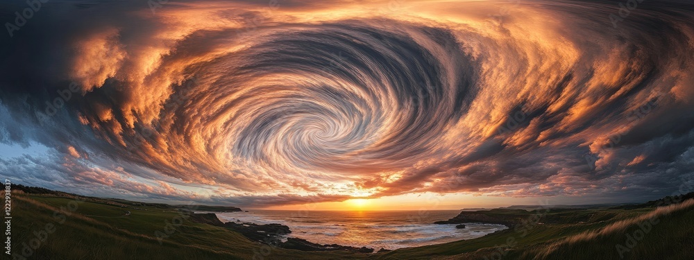 Poster dramatic swirling clouds at sunset over calm ocean with empty space for text in serene landscape set