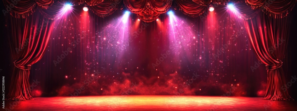 Aufkleber theatrical stage featuring red curtains and spotlights with empty space for text in dramatic lightin