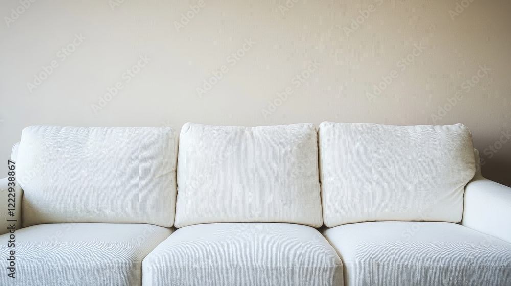 Poster white couch in minimalist living room with ample empty wall space for customizable text or artwork d