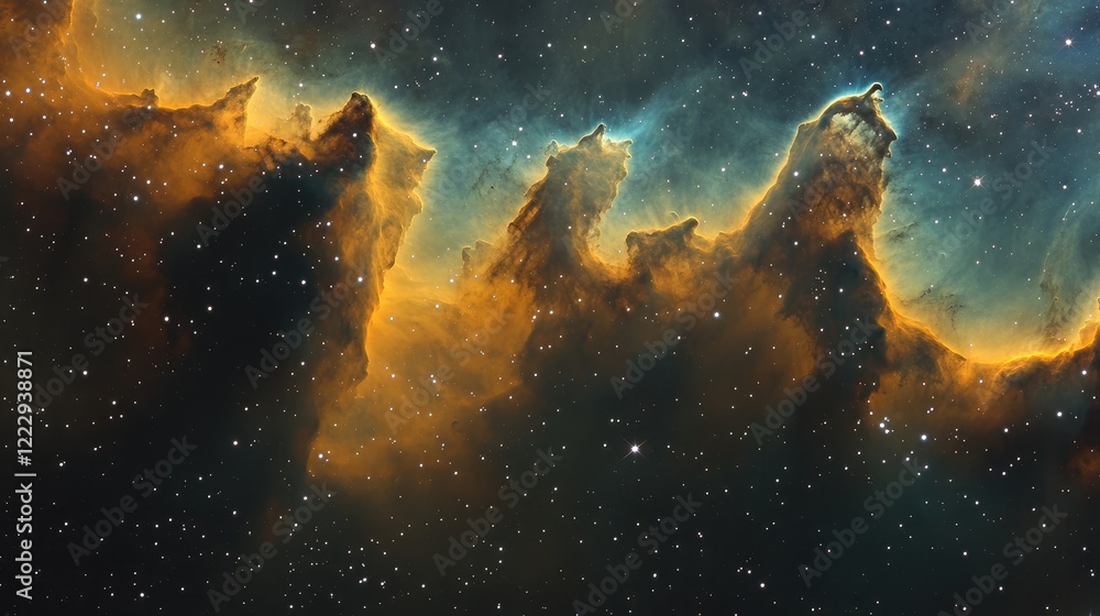 Poster cosmic nebula close up showcasing vibrant gas clouds and stars with ample space for text or overlay 
