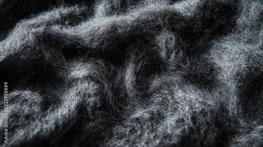 Poster textured dark grey fabric close-up showcasing fuzziness and imperfections with ample empty space for