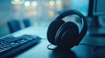 Black Headphones Resting on Desk Next to Keyboard and Computer Screen