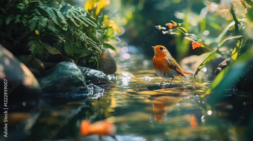Poster vibrant robin perched in a serene river setting surrounded by lush vegetation and colorful flowers w