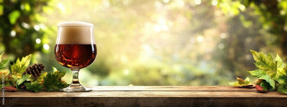 Aufkleber draft beer in tulip glass on wooden table surrounded by nature with empty space for text ideal for b
