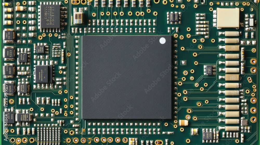 Fototapete Detailed close up of a circuit board featuring microchip components with ample space for text or graphics showcasing technology and innovation