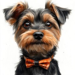 A charming small dog with a bow tie poses for a portrait against a plain background, showcasing its playful demeanor