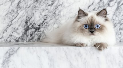 Fototapeta premium Himalayan cat portrait on marble background with ample empty space for text and advertising use in a studio setting.